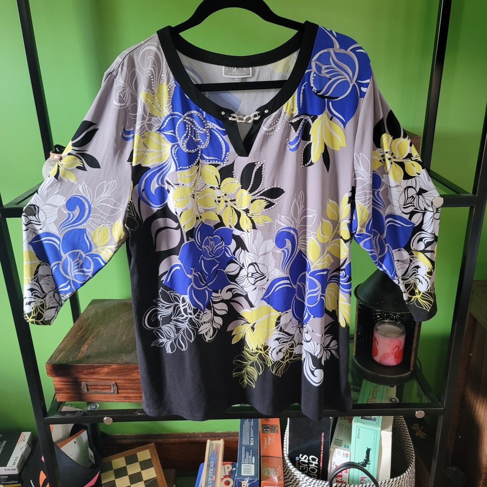 JM Collection Blue and Yellow Floral Blouse